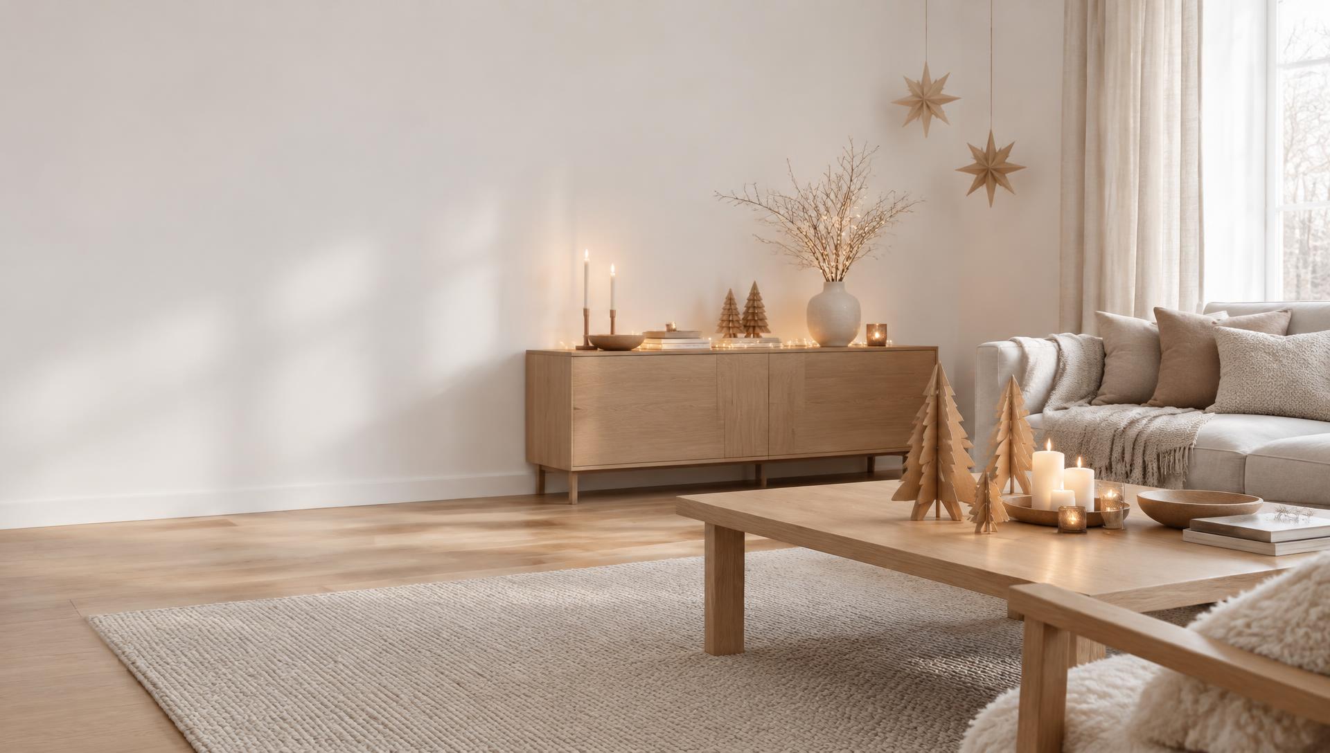 Sala nòrdica amb arbrets de fusta, ornaments i llum d'espelmes